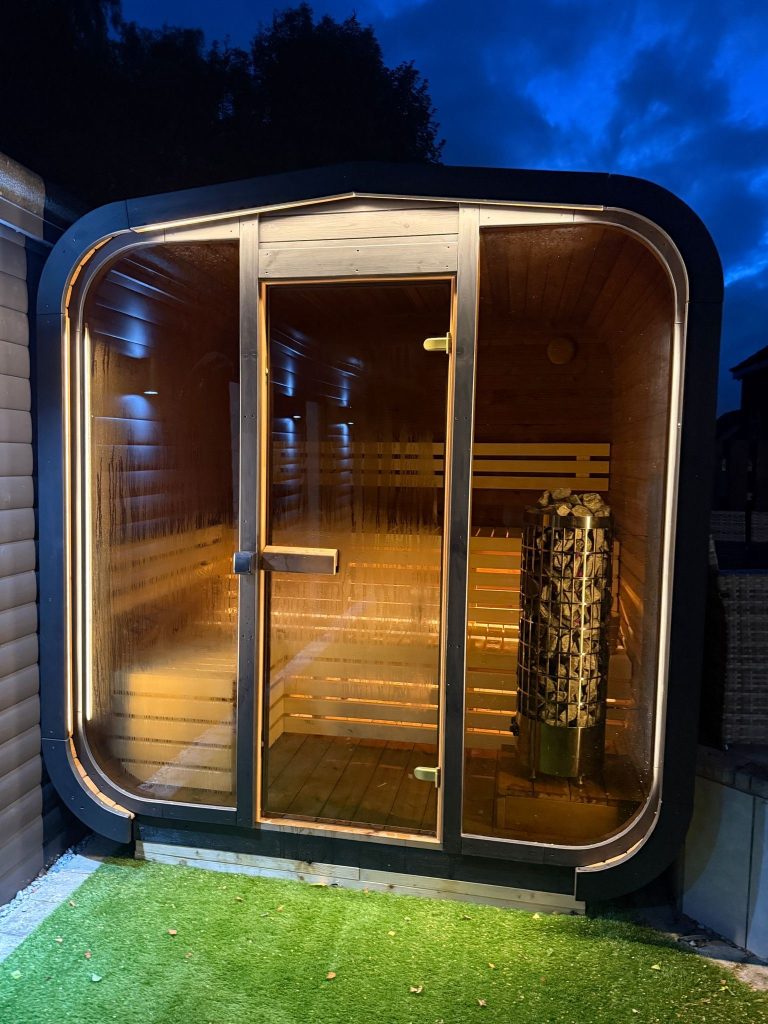 Heavenly Elements E-5 outdoor sauna installed in Motherwell by Heavenly Hot Tubs & Swim Spas