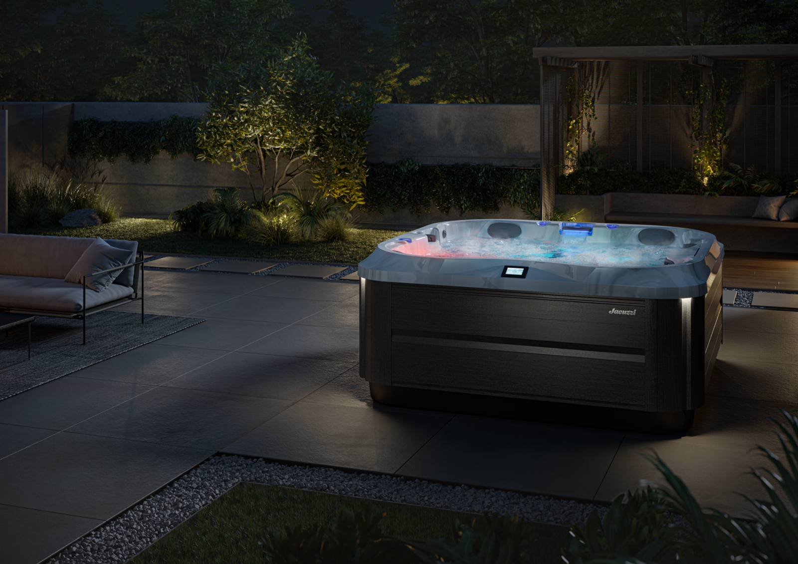 Jacuzzi-Spa_J-332_BrushedGrey_Platinum_Lifestyle_Night-2100x1485-fafcc436-2e53-4a4d-a453-d9a67b187507